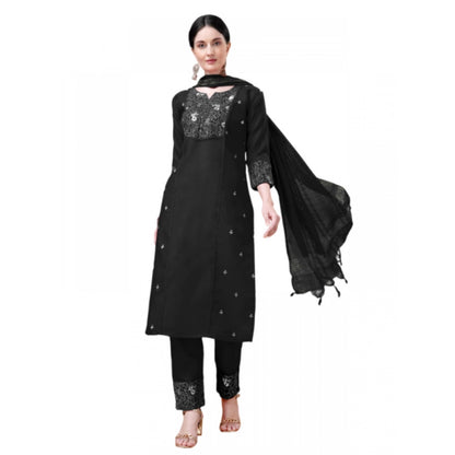 Roneclick Women's Casual 3-4 th Sleeve Embroidery Cotton Kurti Pant Dupatta Set (Black)