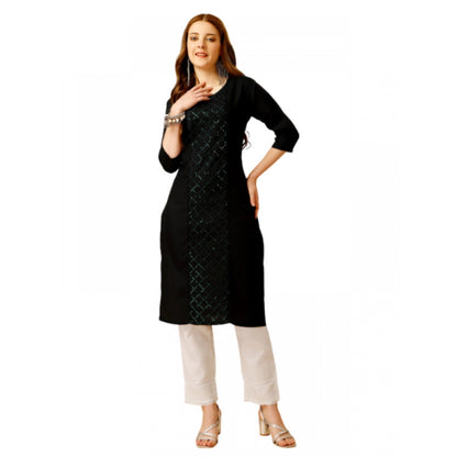 Roneclick Women's Casual 3-4 th Sleeve Embroidery Cotton Kurti Pant Set (Black)