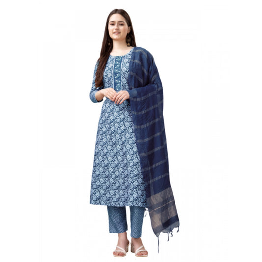 Roneclick Women's Casual 3-4 th Sleeve Embroidery Rayon Kurti Pant Dupatta Set (Light Blue)