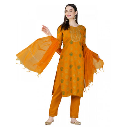 Roneclick Women's Casual 3-4 th Sleeve Embroidery Cotton Kurti Pant Dupatta Set (Yellow)