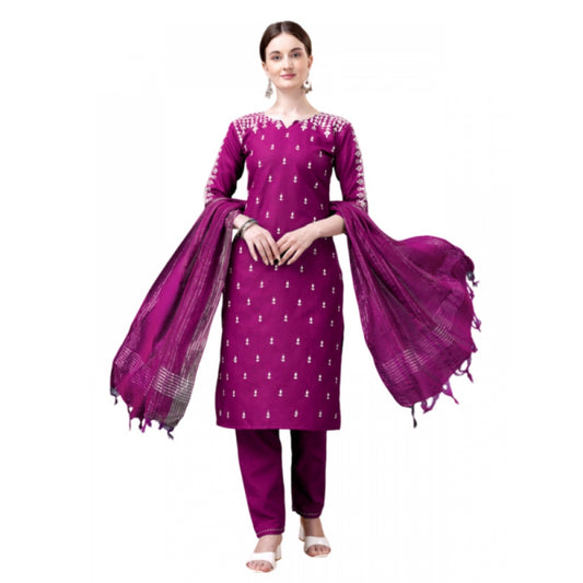 Roneclick Women's Casual 3-4 th Sleeve Embroidery Cotton Kurti Pant Dupatta Set (Purple)