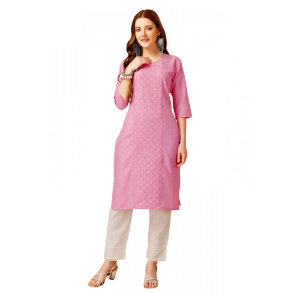 Roneclick Women's Casual 3-4 th Sleeve Embroidery Cotton Kurti Pant Set (Pink)