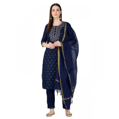 Roneclick Women's Casual 3-4 th Sleeve Embroidery Cotton Kurti Pant Dupatta Set (Dark Blue)