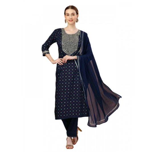 Roneclick Women's Casual 3-4 th Sleeve Embroidery Silk Blend Kurti Pant Dupatta Set (Navy Blue)