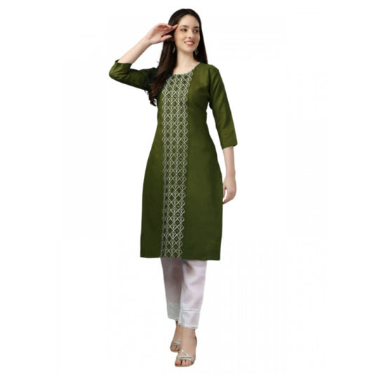 Roneclick Women's Casual 3-4 th Sleeve Embroidery Cotton Kurti (Dark Green)