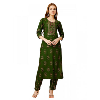 Roneclick Women's Casual 3-4 th Sleeve Embroidery Rayon Kurti Pant Set (Green)