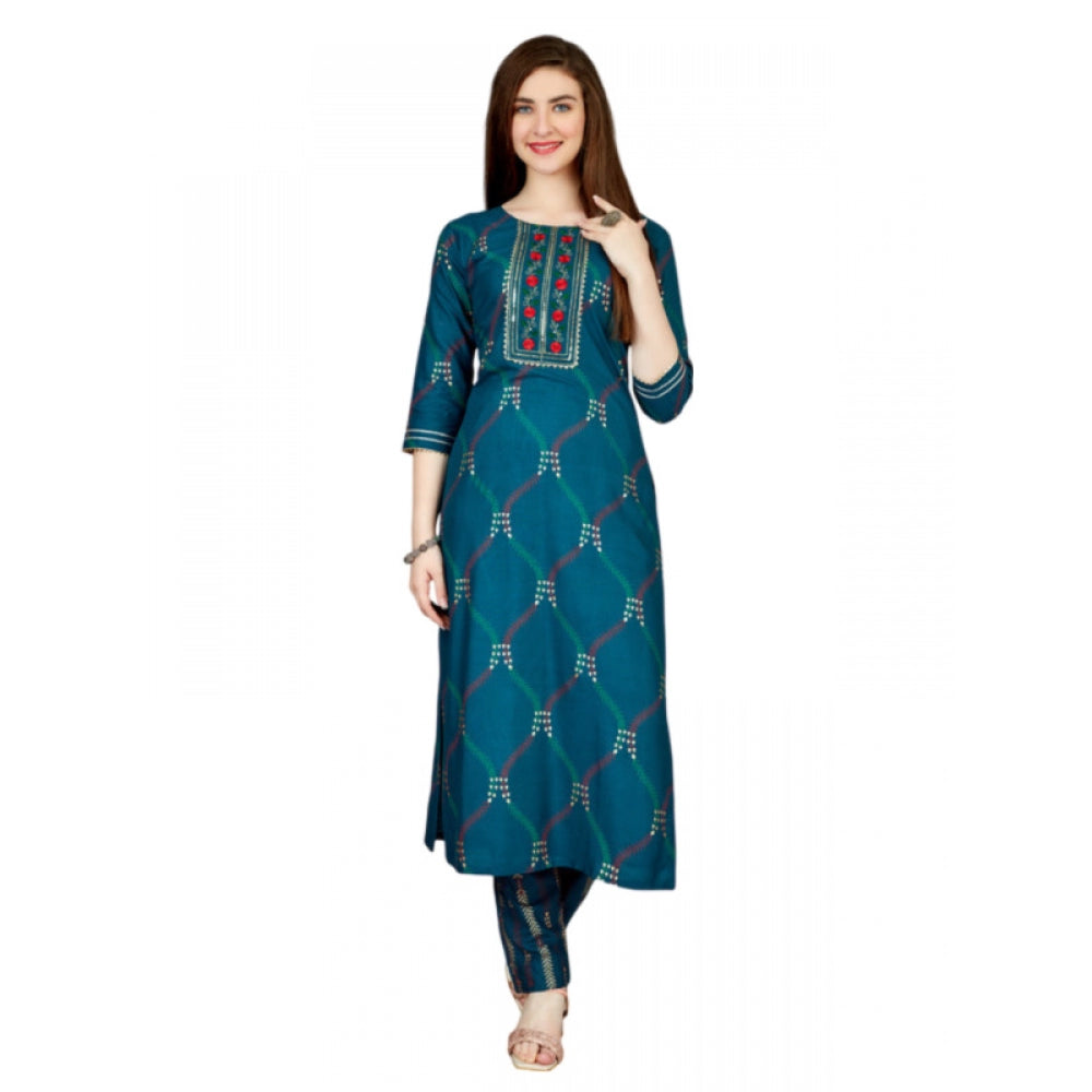 Roneclick Women's Casual 3-4 th Sleeve Embroidery Rayon Kurti Pant Set (Dark Blue)