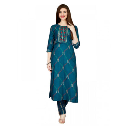 Roneclick Women's Casual 3-4 th Sleeve Embroidery Rayon Kurti Pant Set (Dark Blue)