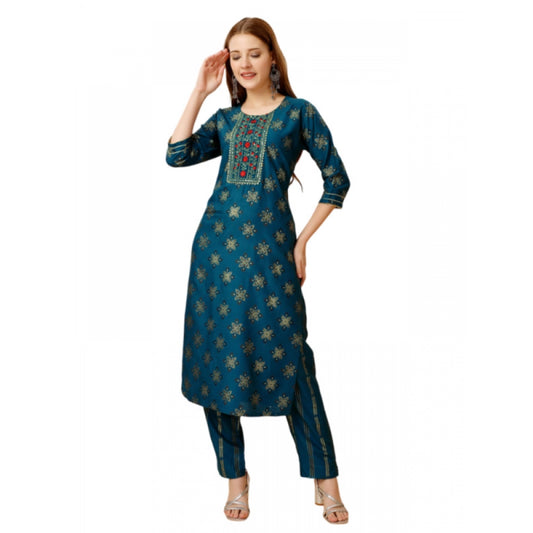 Roneclick Women's Casual 3-4 th Sleeve Embroidery Rayon Kurti Pant Set (Blue)