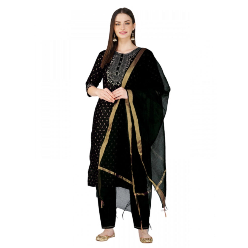 Roneclick Women's Casual 3-4 th Sleeve Embroidery Cotton Kurti Pant Dupatta Set (Black)