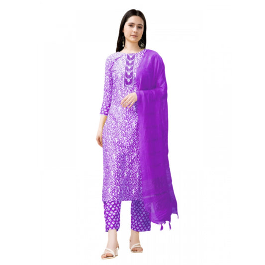 Roneclick Women's Casual 3-4 th Sleeve Embroidery Rayon Kurti Pant Dupatta Set (Purple)