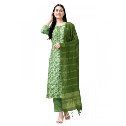 Roneclick Women's Casual 3-4 th Sleeve Embroidery Rayon Kurti Pant Dupatta Set (Green)