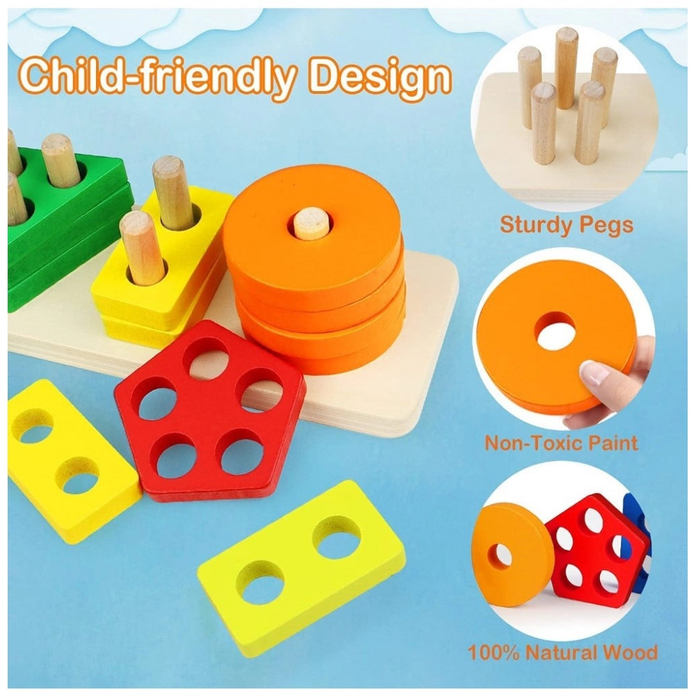 Roneclick Wooden  Sorting And Stacking Toys 5 Column Geometric Shape Puzzle Activity For Kids (Wood Color)