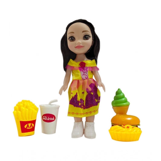 Roneclick Plastic Doll Set With Fast Food Accessories (Yellow)