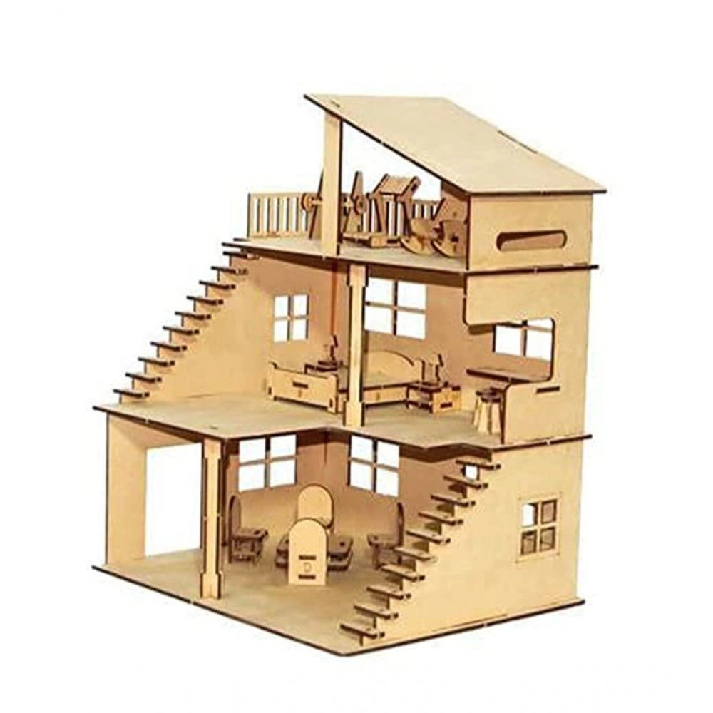 Roneclick Wooden Dollhouse For Furniture Made By (Wood Color)