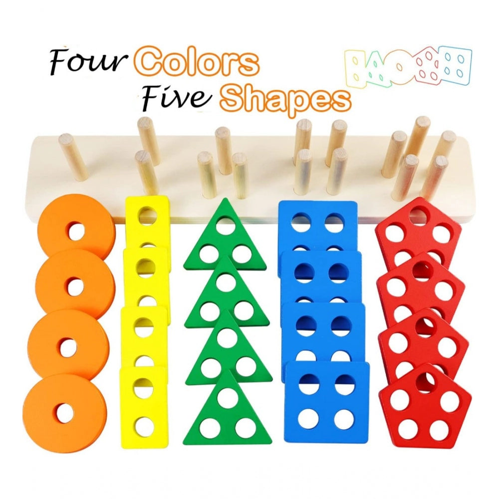 Roneclick Wooden  Sorting And Stacking Toys 5 Column Geometric Shape Puzzle Activity For Kids (Wood Color)