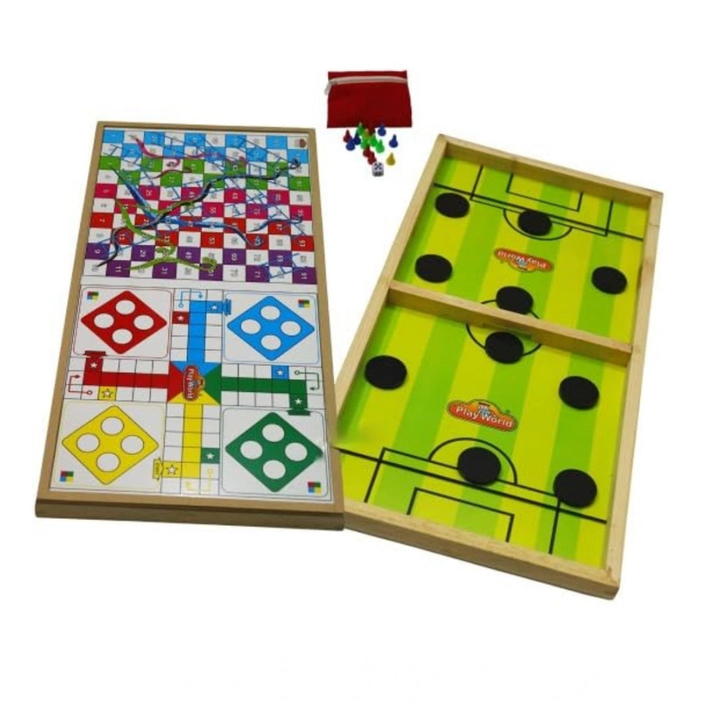 Roneclick Wood Carrom String Hockey Ludo Snake And Ladder 3 In 1 Board Game (Multicolor)