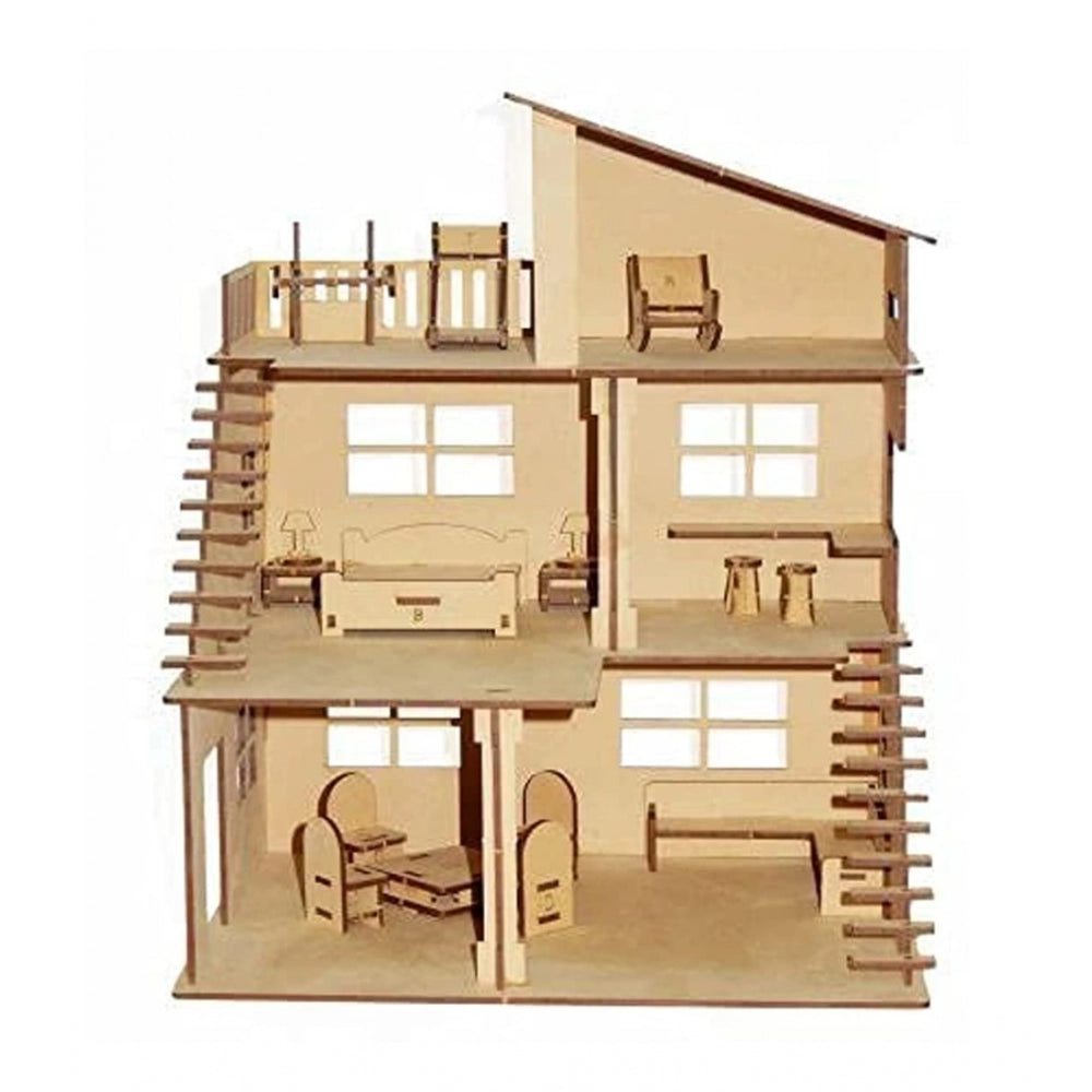 Roneclick Wooden Dollhouse For Furniture Made By (Wood Color)