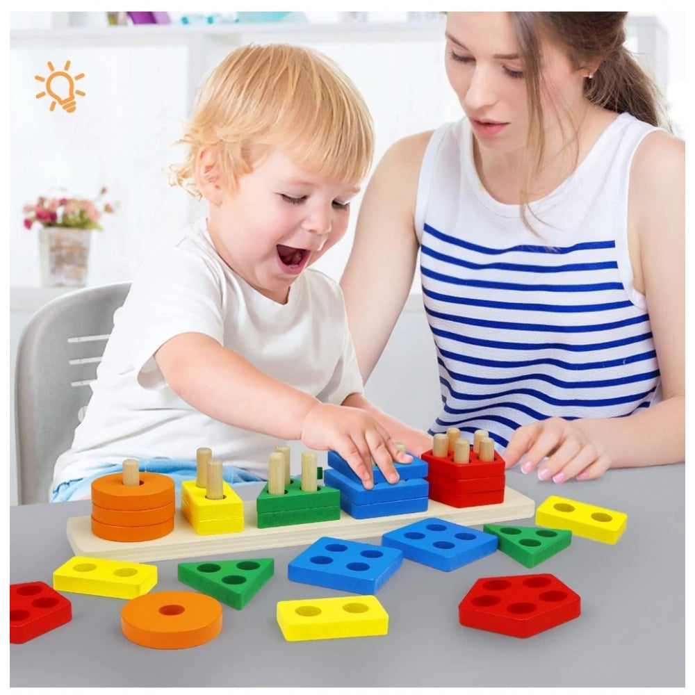 Roneclick Wooden  Sorting And Stacking Toys 5 Column Geometric Shape Puzzle Activity For Kids (Wood Color)