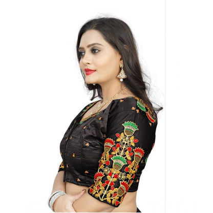 Roneclick Women's Malai Silk Floral Readymade Blouse (Black, Size: Free Size)