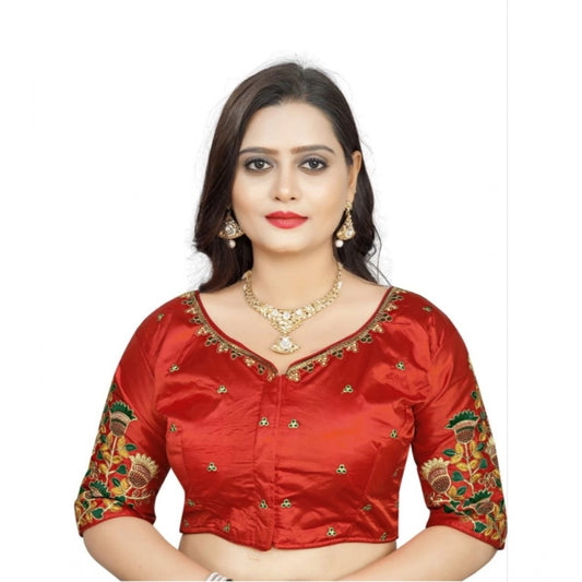 Roneclick Women's Malai Silk Floral Readymade Blouse (Red, Size: Free Size)