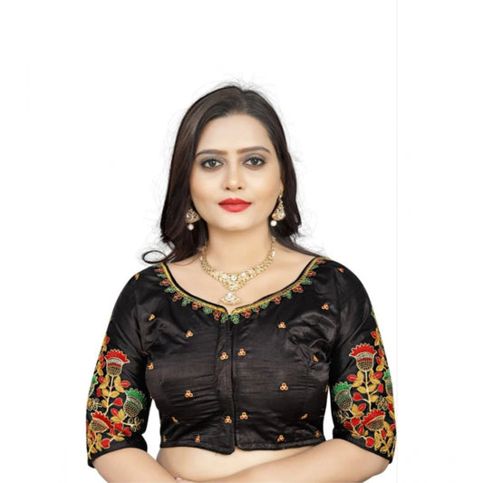 Roneclick Women's Malai Silk Floral Readymade Blouse (Black, Size: Free Size)