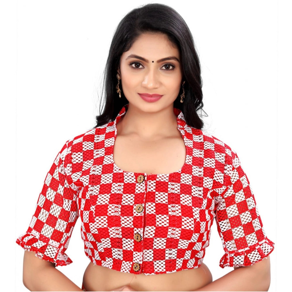 Roneclick Women's Cotton Blend Checks Readymade Blouse (Red, Size: Free Size)