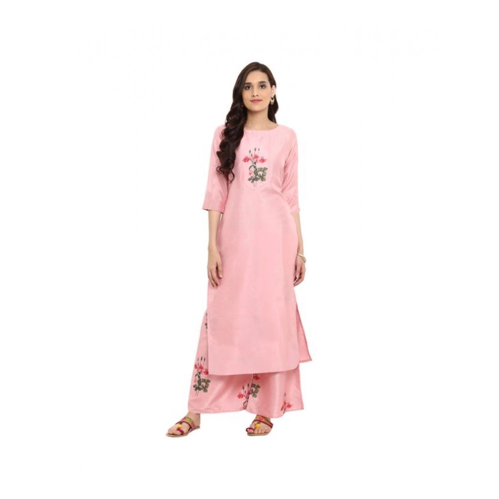 Roneclick Women's Casual 3-4Th Sleeve Floral Printed Poly Silk Kurti and Palazzo Set (Pink)