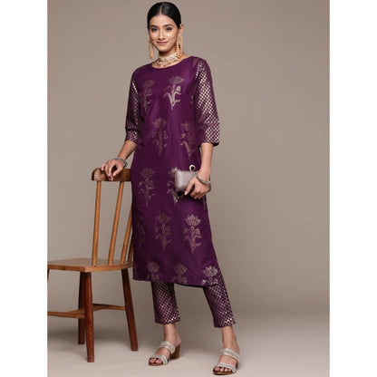 Roneclick Women's Casual 3-4Th Sleeve Floral Printed Chinon Kurti and Pant Set (Purple)