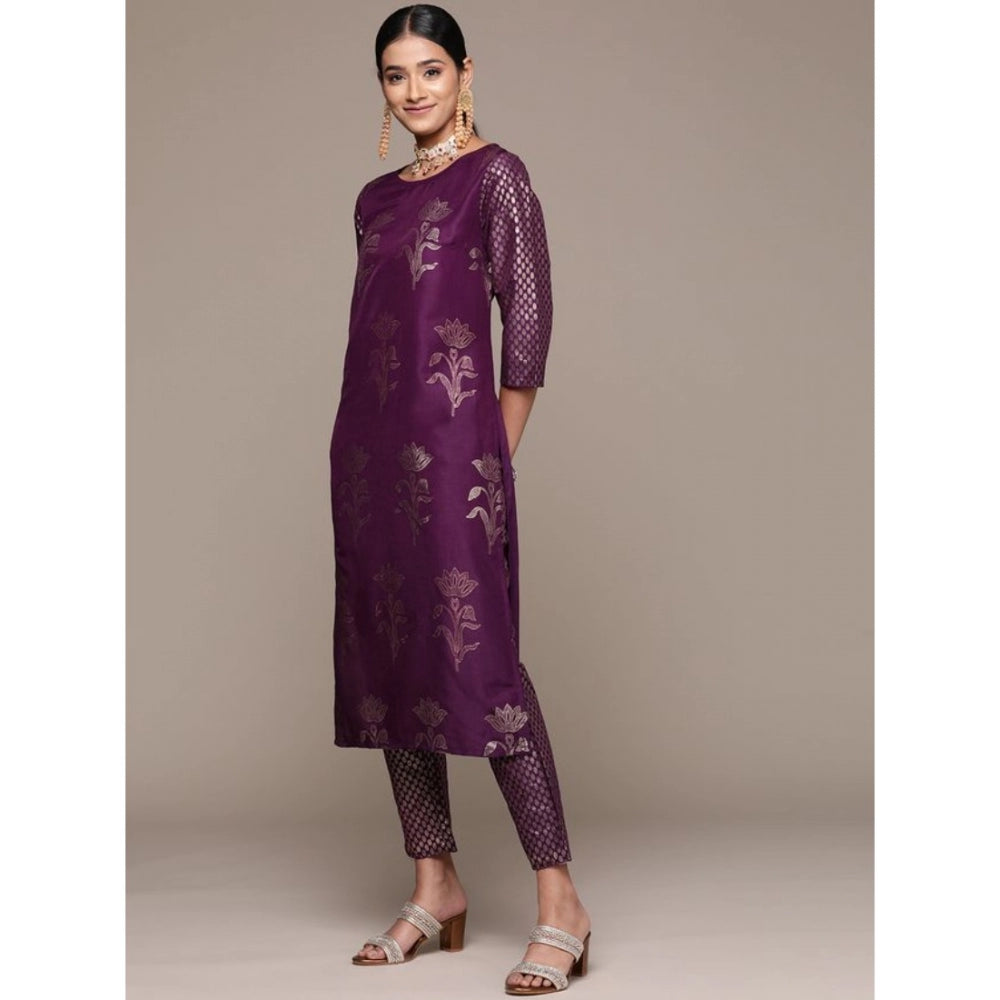 Roneclick Women's Casual 3-4Th Sleeve Floral Printed Chinon Kurti and Pant Set (Purple)