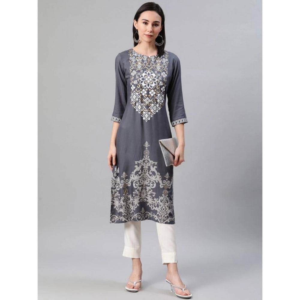 Roneclick Women's Casual 3-4Th Sleeve Floral Printed Rayon Kurti And Pant Set (Grey)