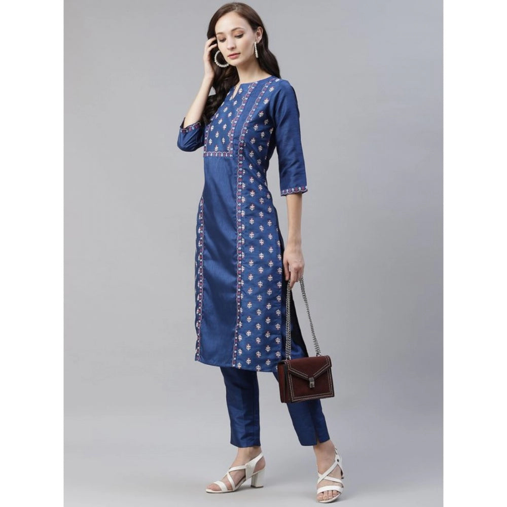 Roneclick Women's Casual 3-4Th Sleeve Floral Printed Poly Silk Kurti And Pant Set (Blue)