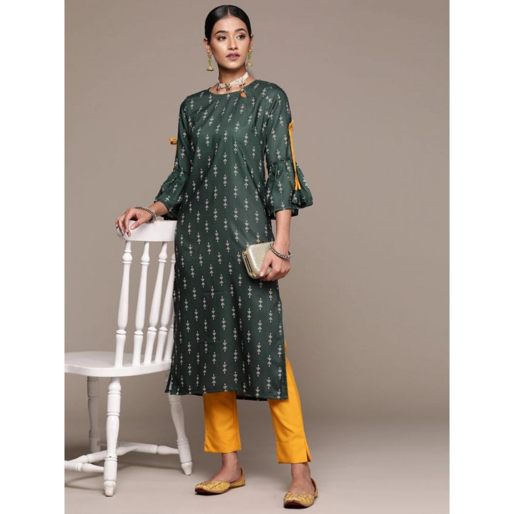 Roneclick Women's Casual 3-4Th Sleeve Ethnic Motifs Rayon Kurti And Pant Set (Bottle Green)