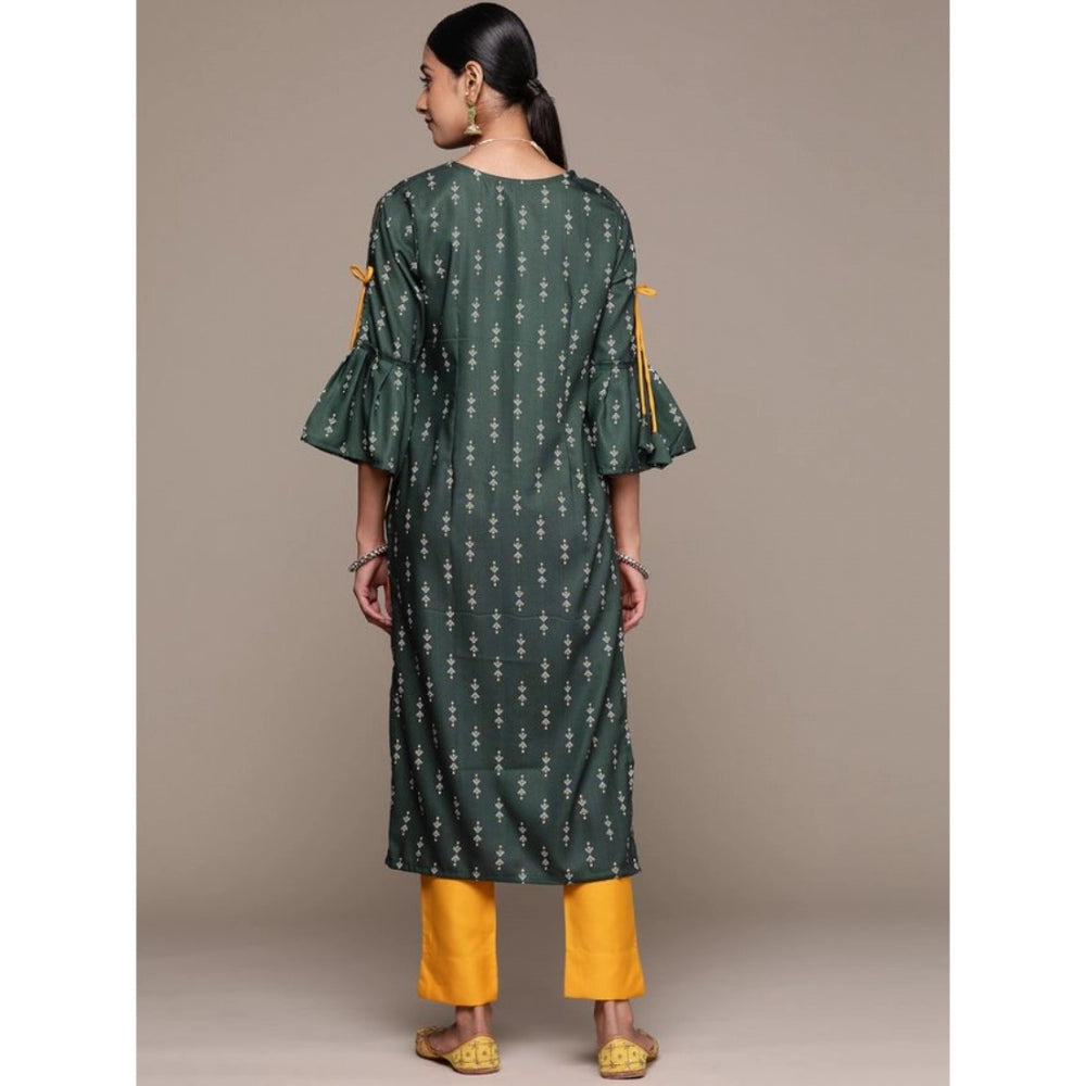 Roneclick Women's Casual 3-4Th Sleeve Ethnic Motifs Rayon Kurti And Pant Set (Bottle Green)