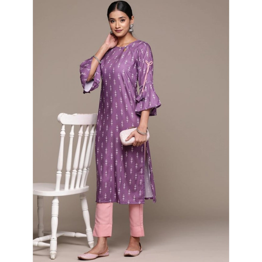 Roneclick Women's Casual 3-4Th Sleeve Ethnic Motifs Rayon Kurti And Pant Set (Lavender)