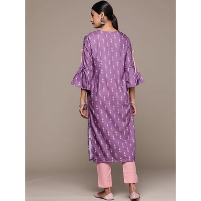 Roneclick Women's Casual 3-4Th Sleeve Ethnic Motifs Rayon Kurti And Pant Set (Lavender)