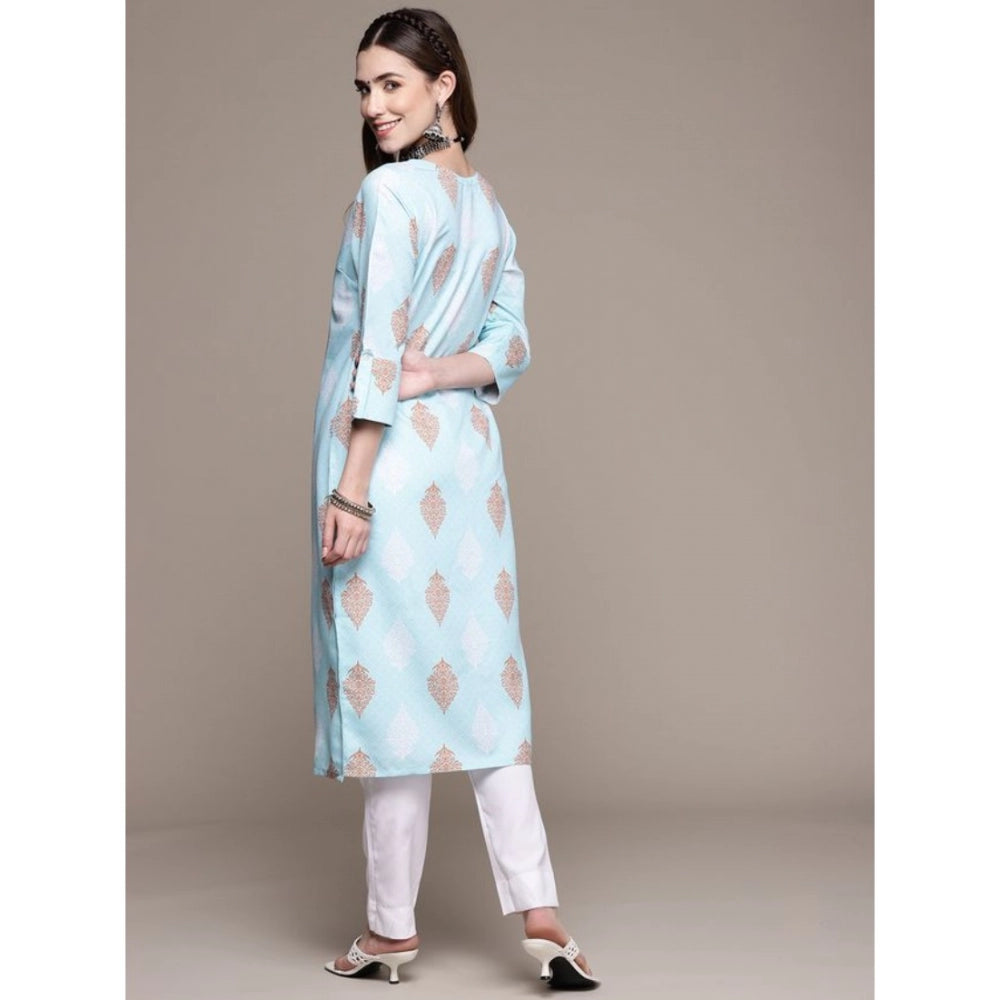 Roneclick Women's Casual 3-4Th Sleeve Ethnic Motifs Rayon Kurti And Pant Set (Sky Blue)