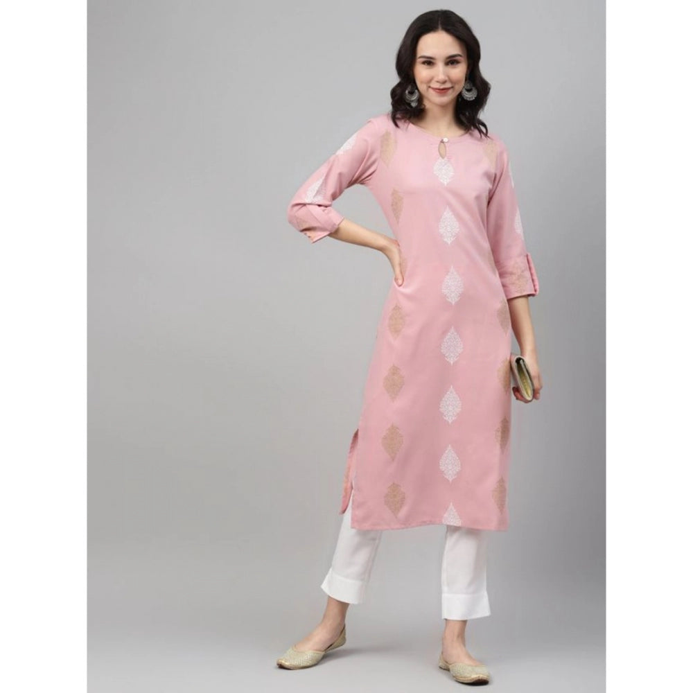 Roneclick Women's Casual 3-4Th Sleeve Ethnic Motifs Rayon Kurti And Pant Set (Pink)