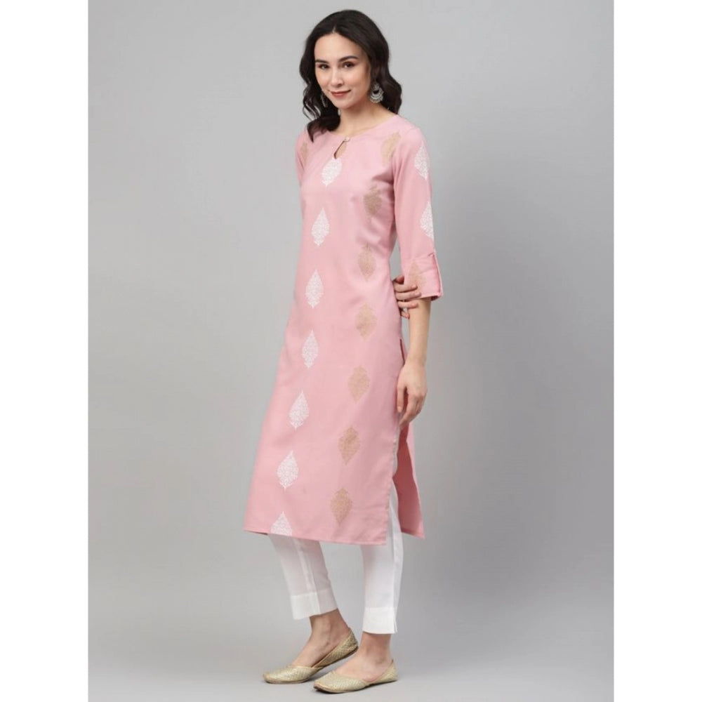 Roneclick Women's Casual 3-4Th Sleeve Ethnic Motifs Rayon Kurti And Pant Set (Pink)