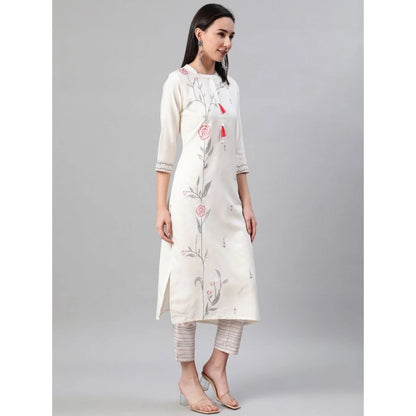 Roneclick Women's Casual 3-4Th Sleeve Floral Printed Rayon Kurti And Pant Set (Cream)