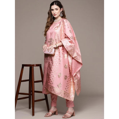 Roneclick Women's Casual 3-4Th Sleeve Floral Printed Poly Silk Kurti Pant And Dupatta Set (Light Pink)