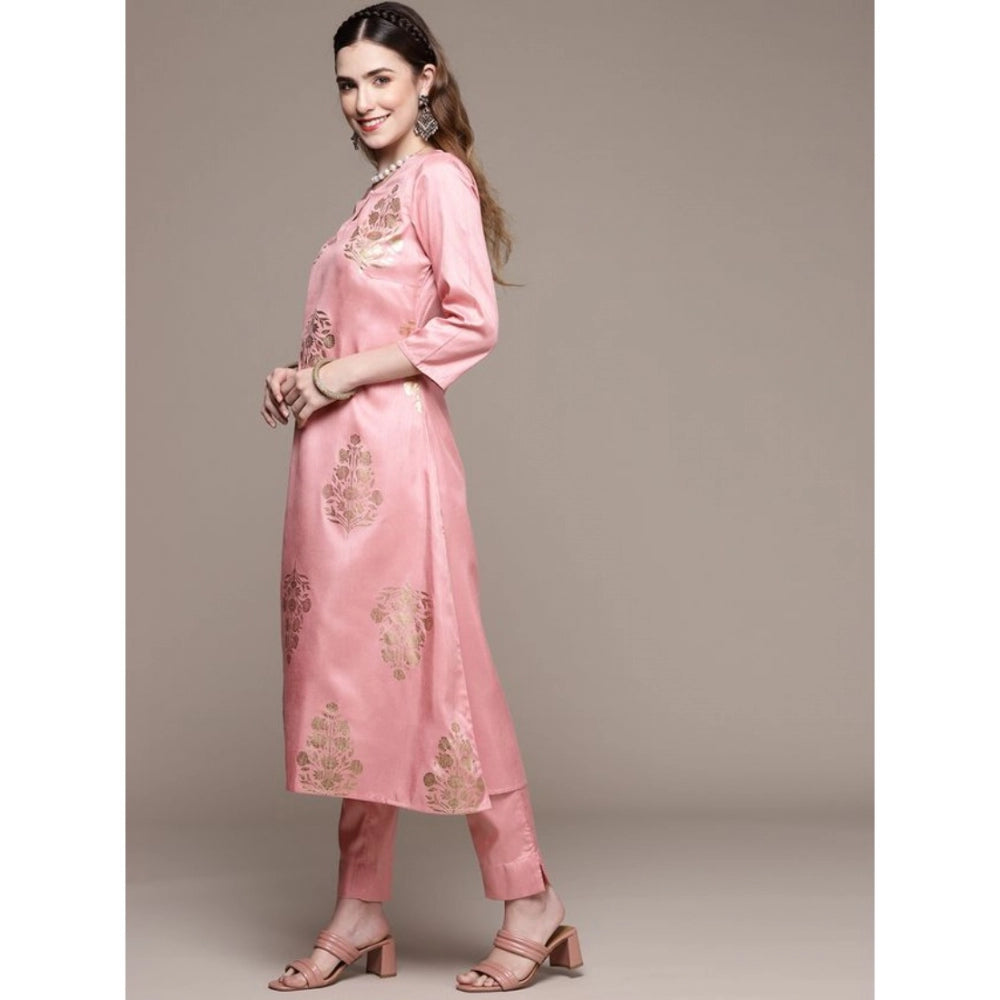 Roneclick Women's Casual 3-4Th Sleeve Floral Printed Poly Silk Kurti Pant And Dupatta Set (Light Pink)