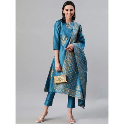 Roneclick Women's Casual 3-4Th Sleeve Ethnic Motifs Poly Silk Kurti Pant And Dupatta Set (Blue)