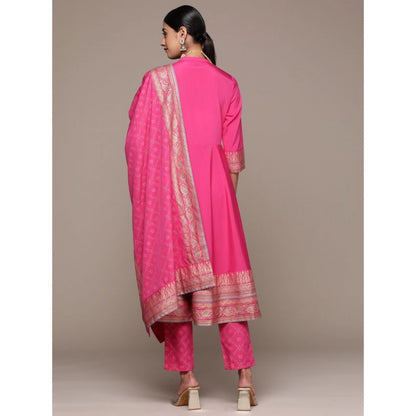 Roneclick Women's Casual 3-4Th Sleeve Ethnic Motifs Crepe Kurti Pant And Dupatta Set (Pink)