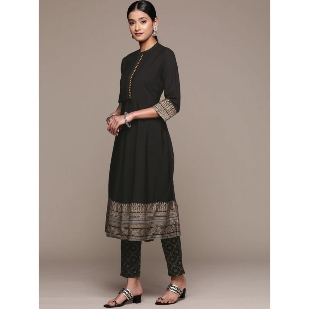 Roneclick Women's Casual 3-4Th Sleeve Ethnic Motifs Crepe Kurti Pant And Dupatta Set (Black)