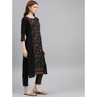 Roneclick Women's Casual 3-4Th Sleeve Floral Printed Crepe Kurti and Pant Set (Black)