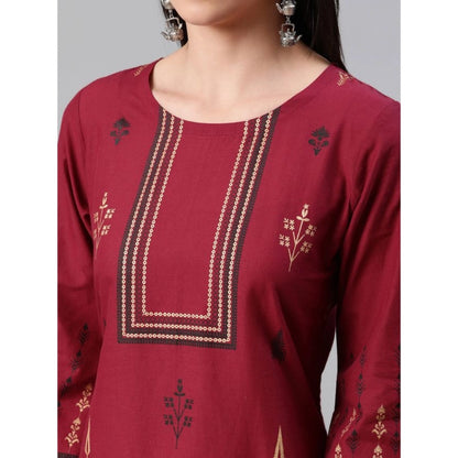 Roneclick Women's Casual 3-4Th Sleeve Ethnic Motifs Rayon Kurti And Pant Set (Red)