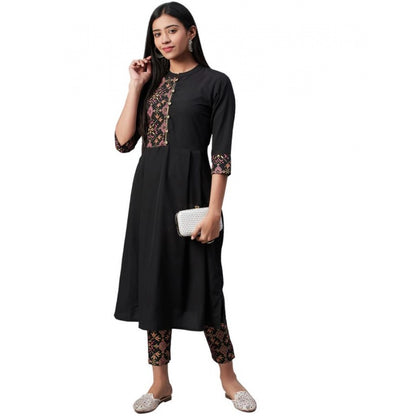 Roneclick Women's Casual 3-4Th Sleeve Geometric Crepe Kurti And Pant Set (Black)