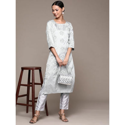 Roneclick Women's Casual 3-4Th Sleeve Floral Printed Poly Silk Kurti and Pant Set (Light Grey)