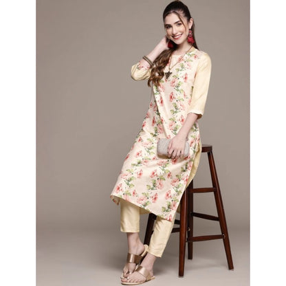 Roneclick Women's Casual 3-4Th Sleeve Floral Printed Poly Silk Kurti and Pant Set (Cream)